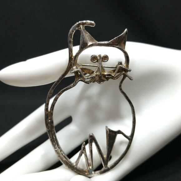 Vintage Original Cat Outline Brooch, 3 1/2 Inches, Distressed Plated Pin - Picture 2 of 10